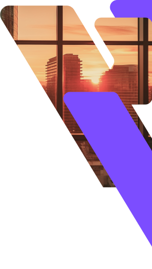 Abstract purple geometric overlay with a city skyline and sunset, representing WIUS Capital’s global investment perspective