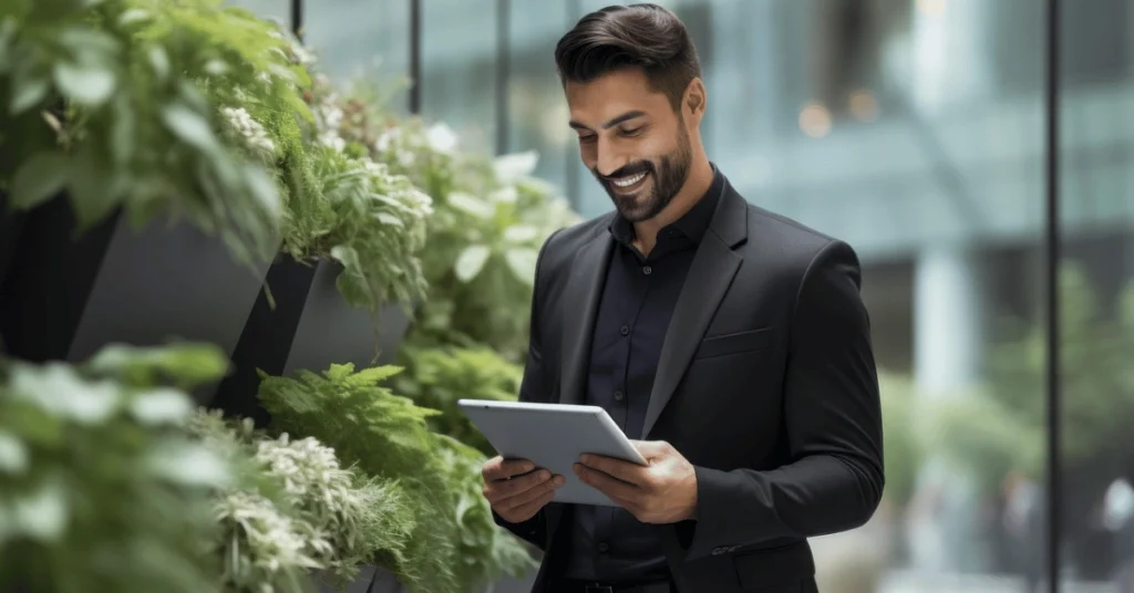Investor in a modern business environment reviewing information on a tablet, representing WIUS Capital’s focus on due diligence and sustainable investment strategies in private markets.