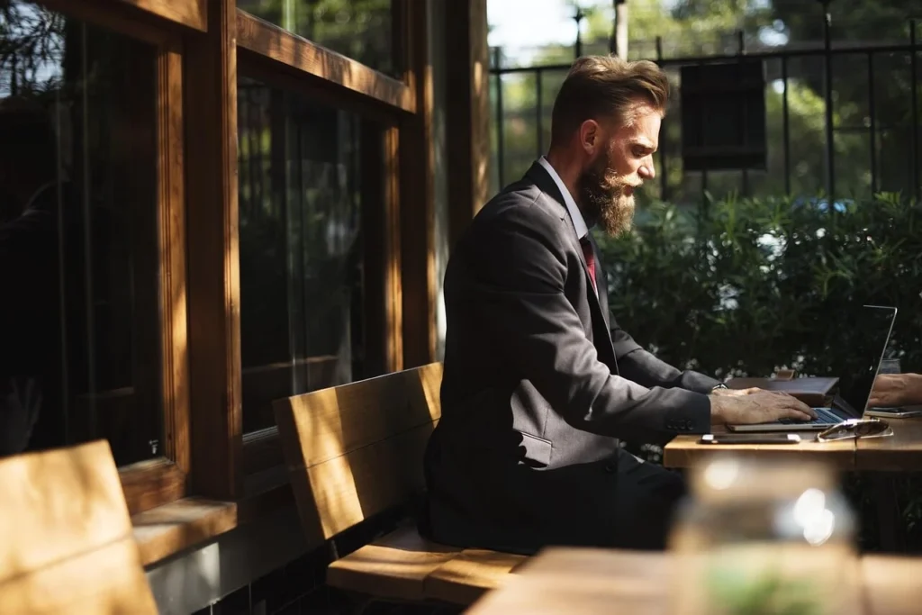 Business professional working on private credit investment analysis at an outdoor workspace.