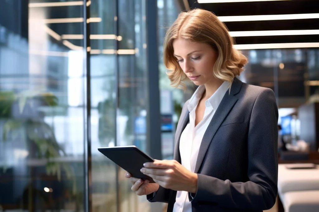 Professional investor reviewing private credit investment strategies on a digital tablet inside a modern glass office.