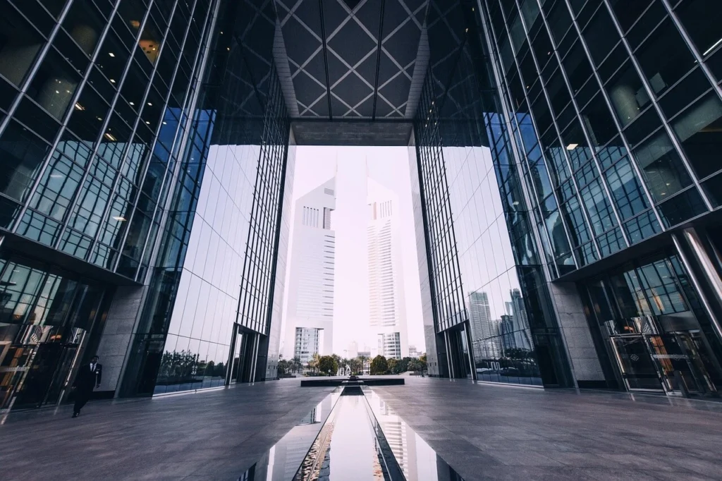 Modern financial district architecture symbolising strength and structure in private credit capital protection.