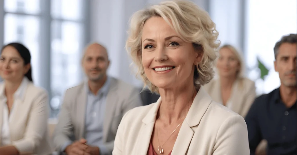 A senior professional smiles confidently in a meeting room with colleagues, reflecting trust, experience, and partnership within global investment networks.