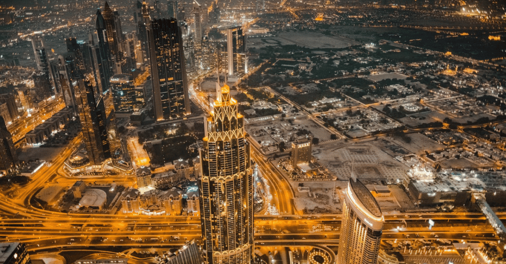 Dubai’s illuminated skyline at night, reflecting WIUS Capital’s global perspective and presence in one of the world’s leading financial centres for private credit investment.