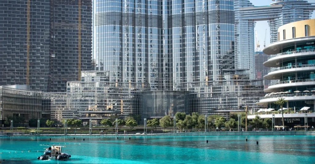 Modern financial district skyscrapers in Dubai, symbolising global investment strategies and the comparison of private credit vs bonds for risk and protection.