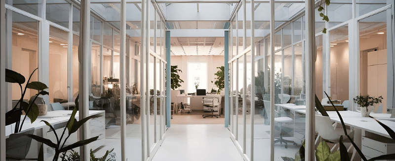 Bright, modern office corridor with glass walls and greenery, symbolising transparency and a well-governed investment environment.
