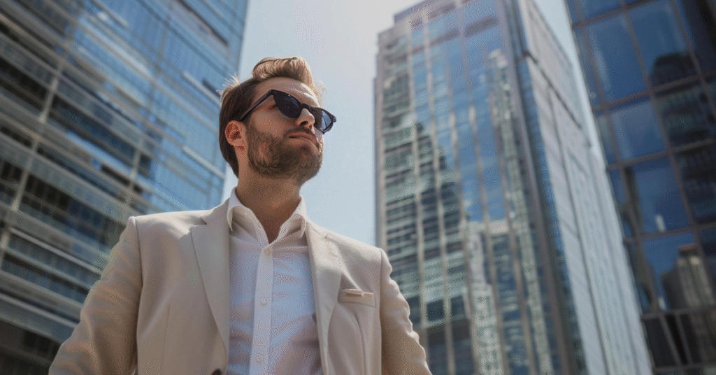 Confident professional in a light suit standing among modern glass towers, representing sophisticated global investors.