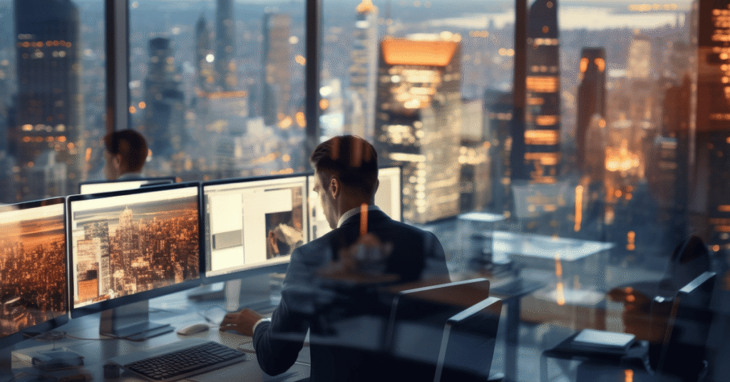 Professional investor analysing data on multiple screens in a high-rise office overlooking a city skyline at dusk, illustrating WIUS Capital’s global insight and structured approach to private credit.