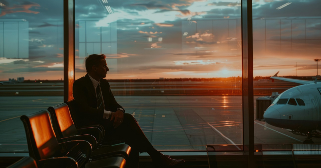 A business professional seated in an airport lounge at sunset with an aircraft visible outside, reflecting international mobility, cross-border wealth planning, and the expat investor perspective.