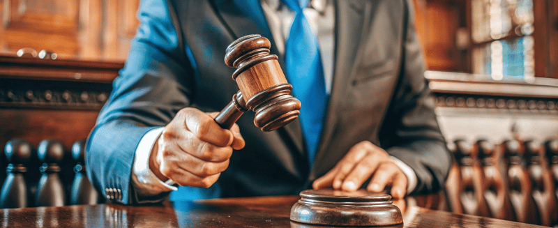 Judge holding a gavel in a courtroom setting, representing legal outcomes that influence returns in litigation funding loan notes.