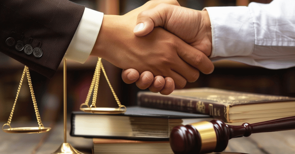 Handshake above legal books and scales of justice symbolising structured agreements and risk allocation in litigation funding loan notes.