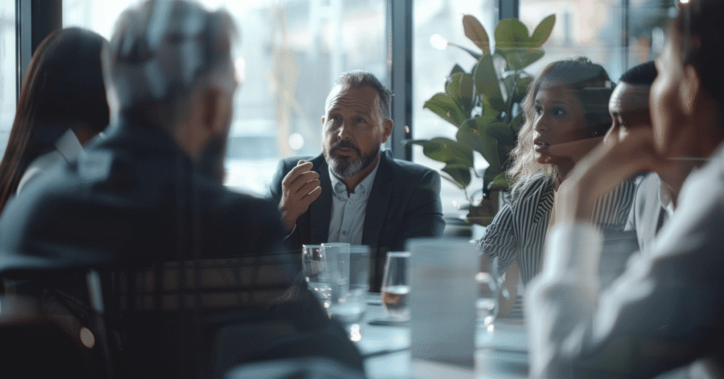 Business professionals gathered around a meeting table discussing investment opportunities, highlighting the importance of due diligence, manager selection, and decision-making in alternative investments.